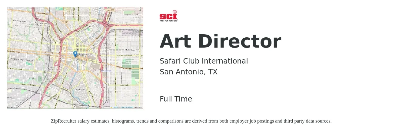 Safari Club International job posting for a Art Director in San Antonio, TX with a salary of $104,000 to $109,200 Yearly with a map of San Antonio location.