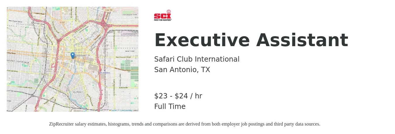 Safari Club International job posting for a Executive Assistant in San Antonio, TX with a salary of $24 to $25 Hourly with a map of San Antonio location.