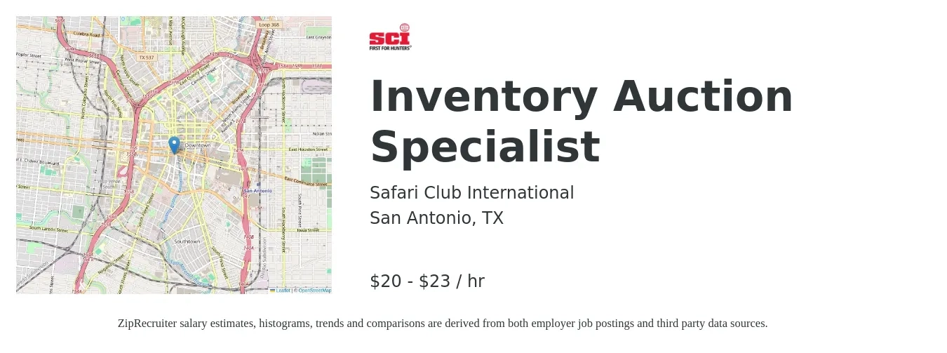Safari Club International job posting for a Inventory Auction Specialist in San Antonio, TX with a salary of $21 to $24 Hourly with a map of San Antonio location.