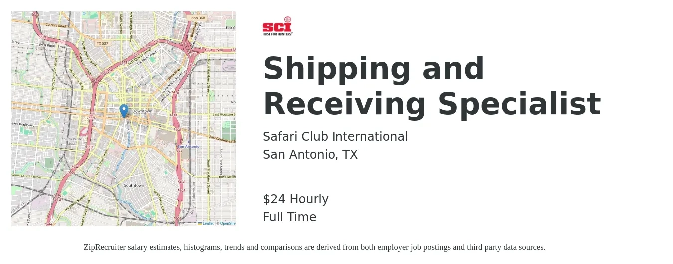 Safari Club International job posting for a Shipping and Receiving Specialist in San Antonio, TX with a salary of $25 Hourly with a map of San Antonio location.