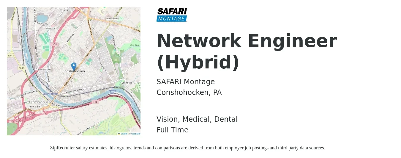 SAFARI Montage job posting for a Network Engineer (Hybrid) in Conshohocken, PA with a salary of $87,600 to $131,400 Yearly and benefits including pto, retirement, vision, dental, life_insurance, and medical with a map of Conshohocken location.