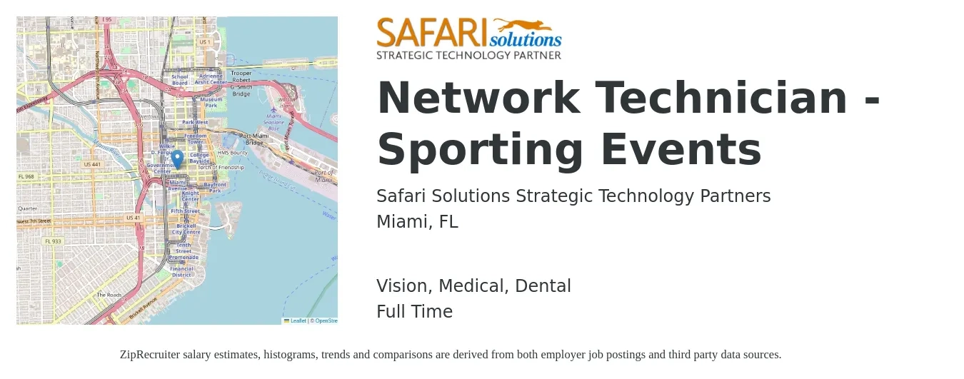 Safari Solutions Strategic Technology Partners job posting for a Network Technician - Sporting Events in Miami, FL with a salary of $22 to $29 Hourly and benefits including medical, retirement, vision, dental, and life_insurance with a map of Miami location.