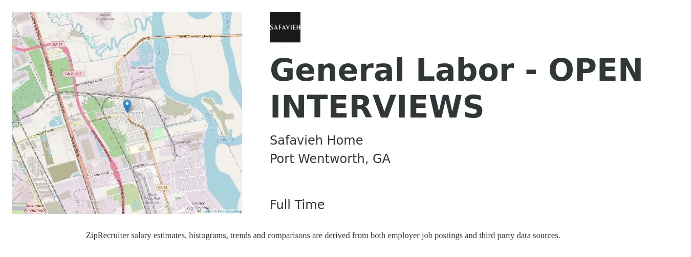 Safavieh Home job posting for a General Labor - OPEN INTERVIEWS in Port Wentworth, GA with a salary of $15 to $19 Hourly with a map of Port Wentworth location.