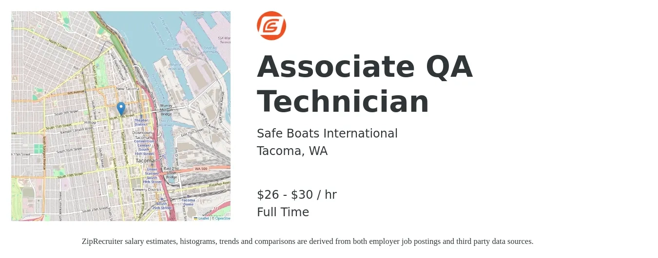 Safe Boats International job posting for a Associate QA Technician in Tacoma, WA with a salary of $28 to $32 Hourly with a map of Tacoma location.