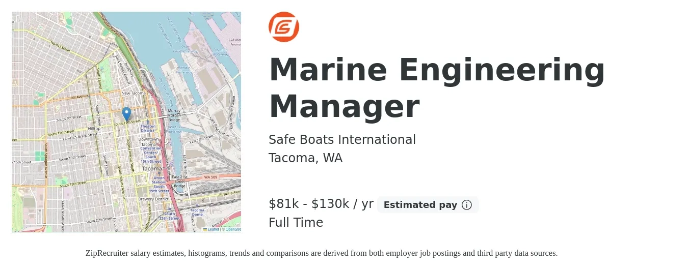 Safe Boats International job posting for a Marine Engineering Manager in Tacoma, WA with a salary of $81,271 to $130,034 Yearly with a map of Tacoma location.
