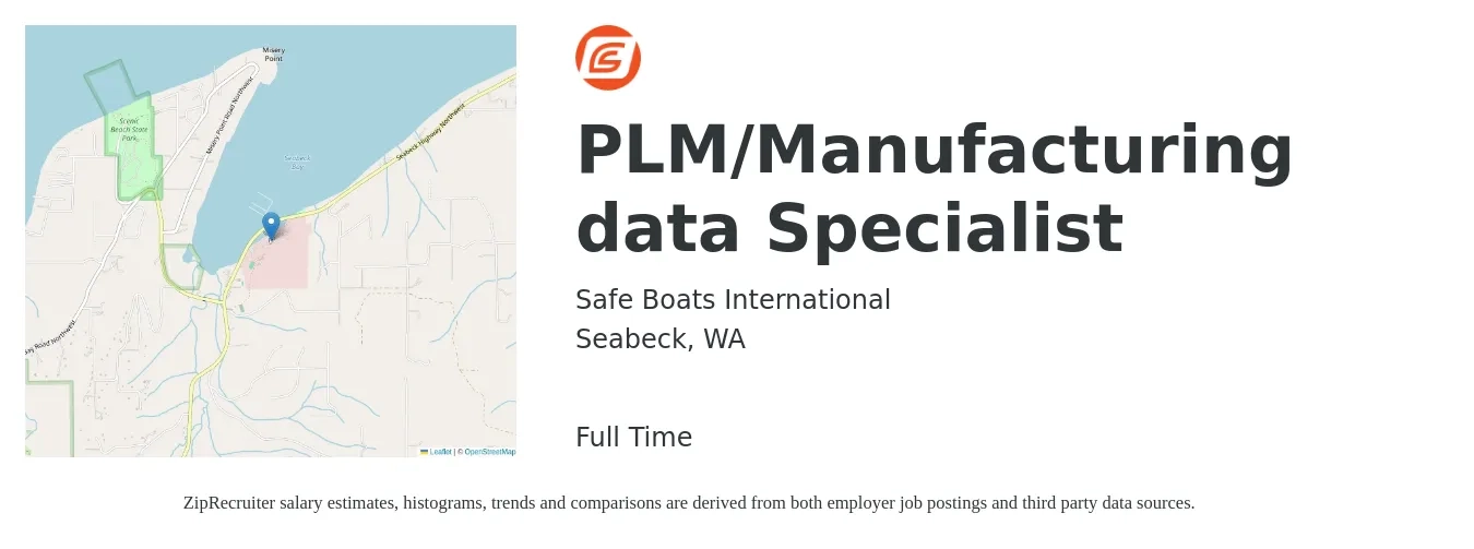 Safe Boats International job posting for a PLM/Manufacturing data Specialist in Seabeck, WA with a salary of $22 to $35 Hourly with a map of Seabeck location.