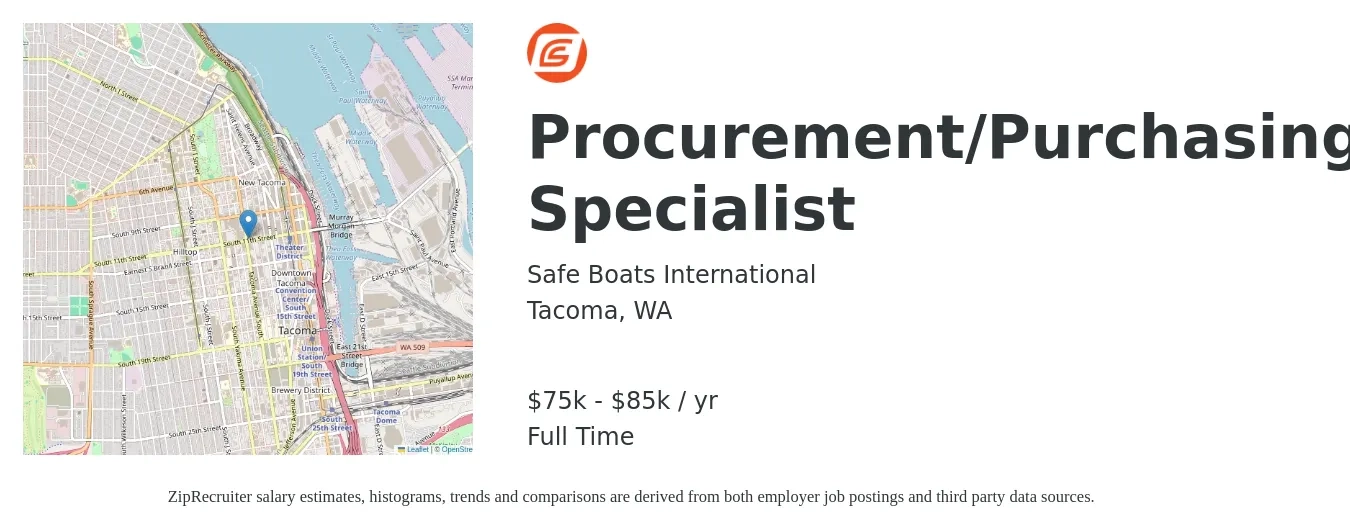 Safe Boats International job posting for a Procurement/Purchasing Specialist in Tacoma, WA with a salary of $75,000 to $85,000 Yearly with a map of Tacoma location.