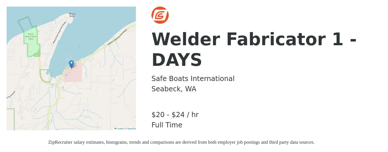 Safe Boats International job posting for a Welder Fabricator 1 - DAYS in Seabeck, WA with a salary of $21 to $25 Hourly with a map of Seabeck location.