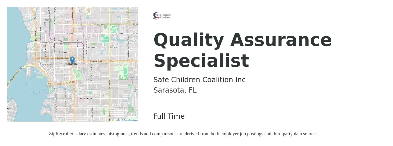 Safe Children Coalition Inc job posting for a Quality Assurance Specialist in Sarasota, FL with a salary of $55,000 to $81,500 Yearly with a map of Sarasota location.