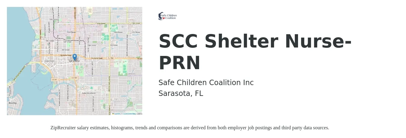 Safe Children Coalition Inc job posting for a SCC Shelter Nurse- PRN in Sarasota, FL with a salary of $32 to $50 Hourly with a map of Sarasota location.