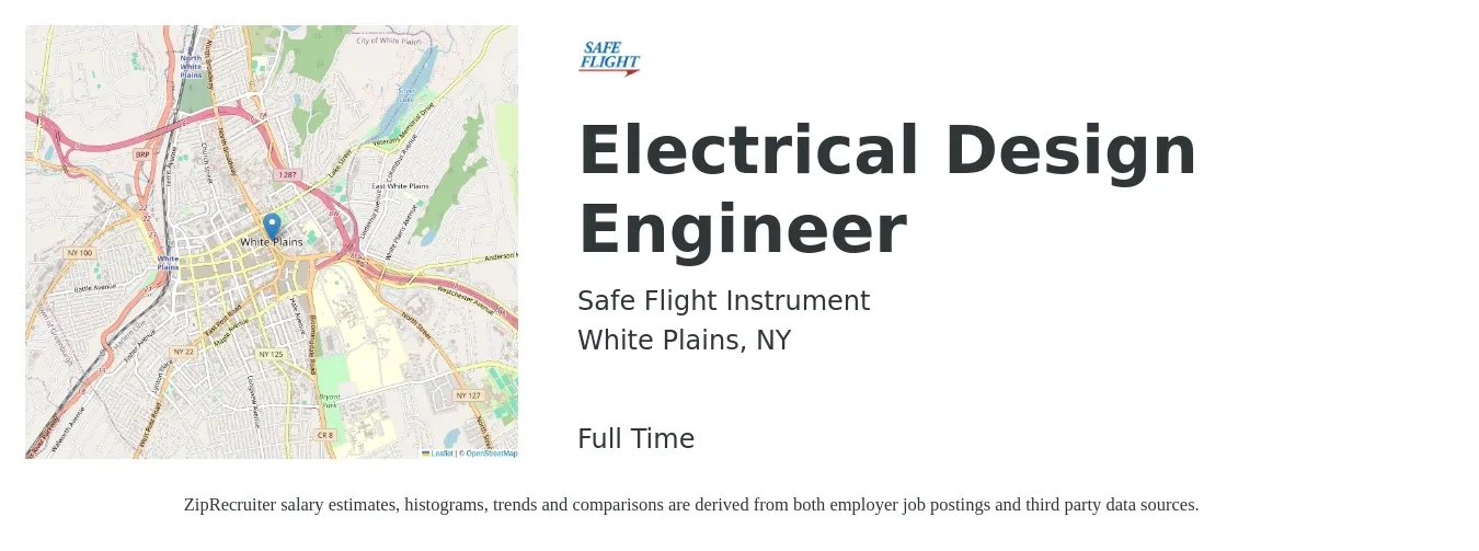 Safe Flight Instrument job posting for a Electrical Design Engineer in White Plains, NY with a salary of $85,400 to $119,600 Yearly with a map of White Plains location.