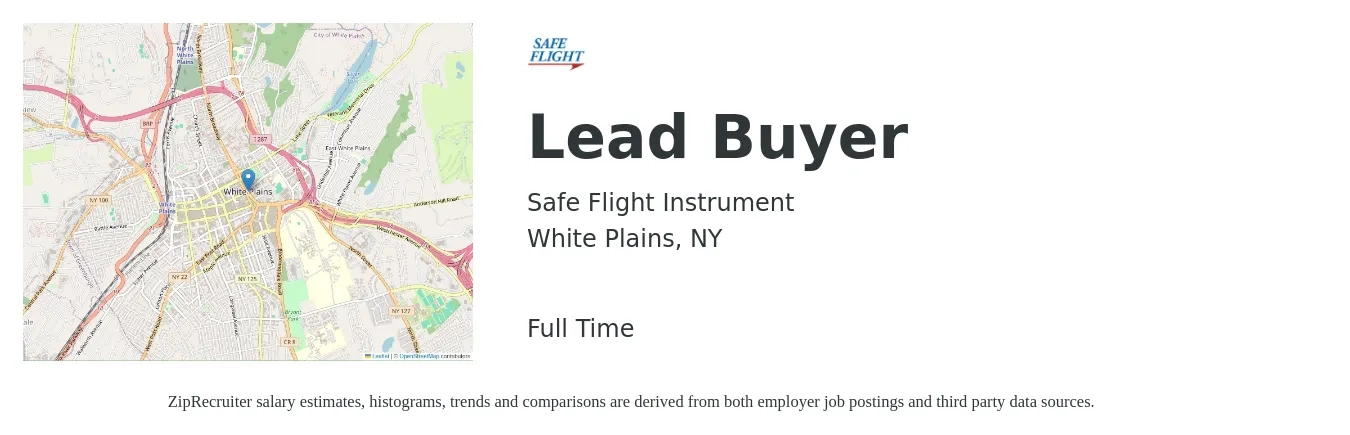 Safe Flight Instrument job posting for a Lead Buyer in White Plains, NY with a salary of $57,000 to $81,800 Yearly with a map of White Plains location.