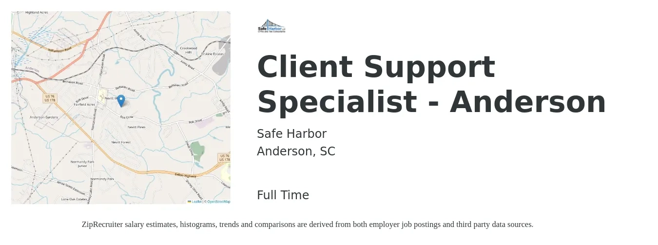 Safe Harbor job posting for a Client Support Specialist - Anderson in Anderson, SC with a salary of $16 Hourly with a map of Anderson location.