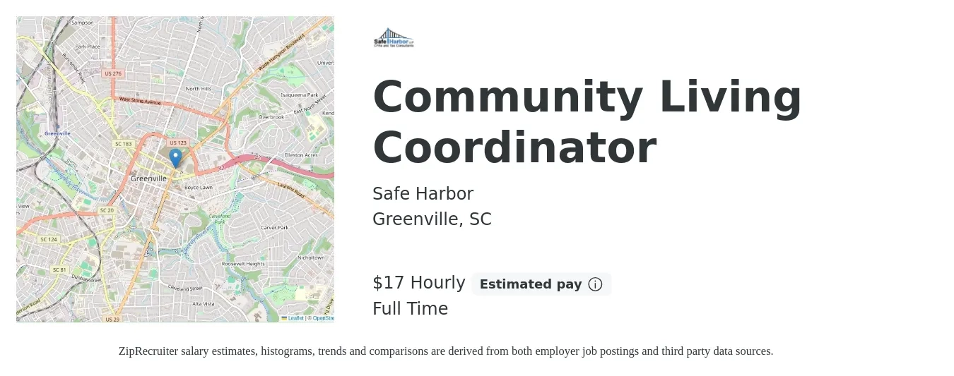 Safe Harbor job posting for a Community Living Coordinator in Greenville, SC with a salary of $18 Hourly with a map of Greenville location.