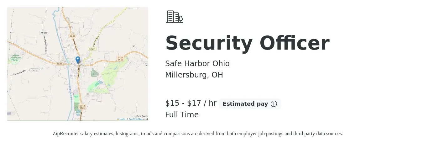 Safe Harbor Ohio job posting for a Security Officer in Millersburg, OH with a salary of $16 to $18 Hourly with a map of Millersburg location.