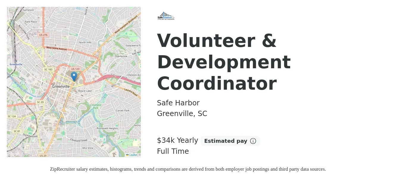 Safe Harbor job posting for a Volunteer & Development Coordinator in Greenville, SC with a salary of $34,000 Yearly with a map of Greenville location.