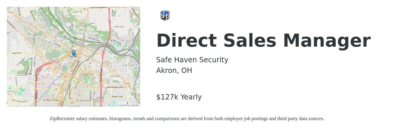 Safe Haven Security job posting for a Direct Sales Manager in Akron, OH with a salary of $120,000 to $200,000 Yearly with a map of Akron location.