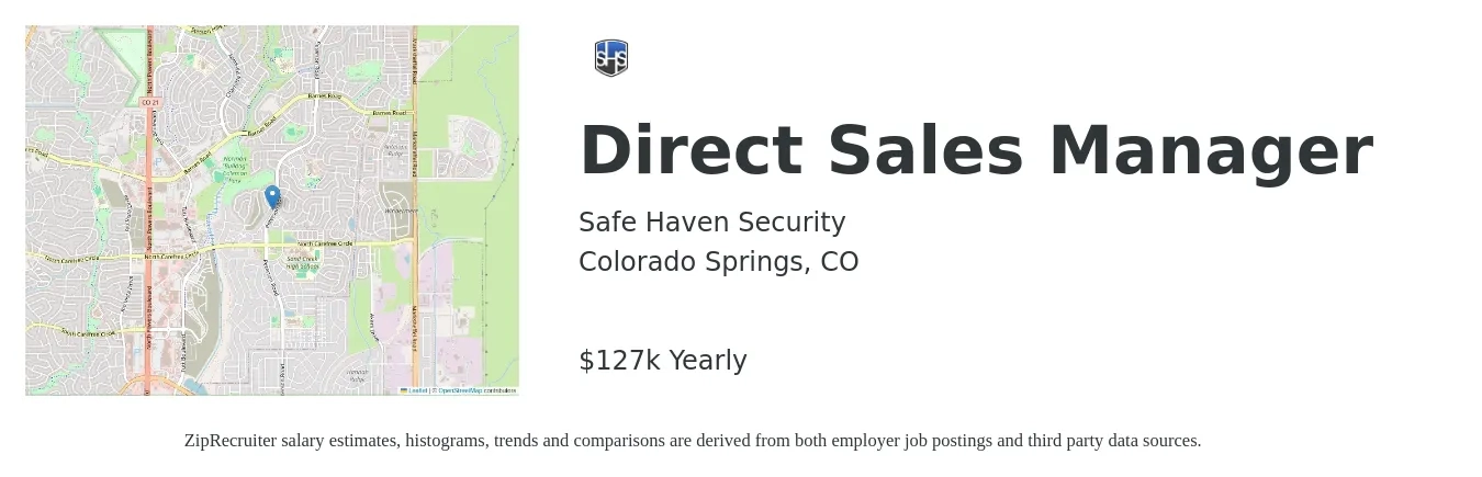 Safe Haven Security job posting for a Direct Sales Manager in Colorado Springs, CO with a salary of $100,000 to $130,000 Yearly with a map of Colorado Springs location.