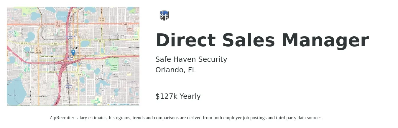 Safe Haven Security job posting for a Direct Sales Manager in Orlando, FL with a salary of $127,600 Yearly with a map of Orlando location.