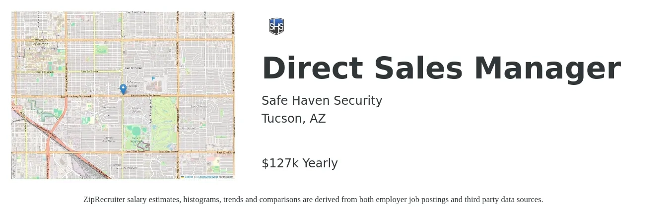 Safe Haven Security job posting for a Direct Sales Manager in Tucson, AZ with a salary of $127,600 Yearly with a map of Tucson location.