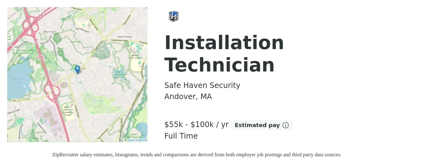 Safe Haven Security job posting for a Installation Technician in Andover, MA with a salary of $55,000 to $100,000 Yearly with a map of Andover location.