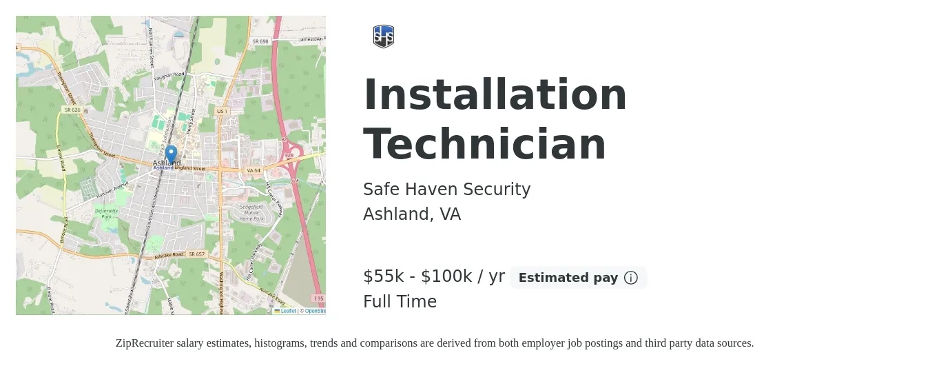 Safe Haven Security job posting for a Installation Technician in Ashland, VA with a salary of $55,000 to $100,000 Yearly with a map of Ashland location.