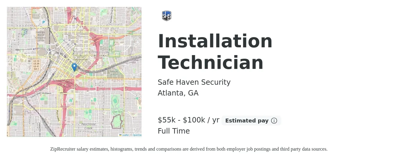 Safe Haven Security job posting for a Installation Technician in Atlanta, GA with a salary of $55,000 to $100,000 Yearly with a map of Atlanta location.