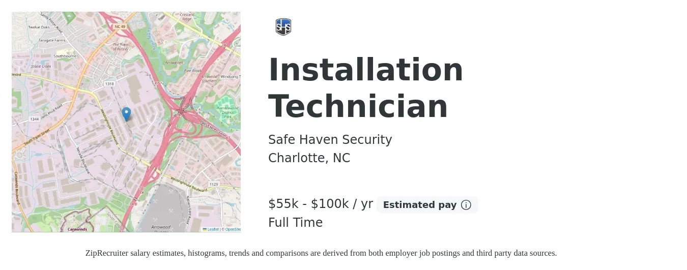 Safe Haven Security job posting for a Installation Technician in Charlotte, NC with a salary of $55,000 to $100,000 Yearly with a map of Charlotte location.