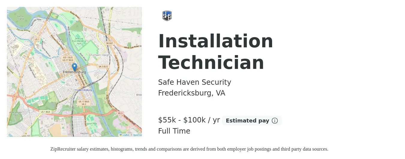 Safe Haven Security job posting for a Installation Technician in Fredericksburg, VA with a salary of $55,000 to $100,000 Yearly with a map of Fredericksburg location.