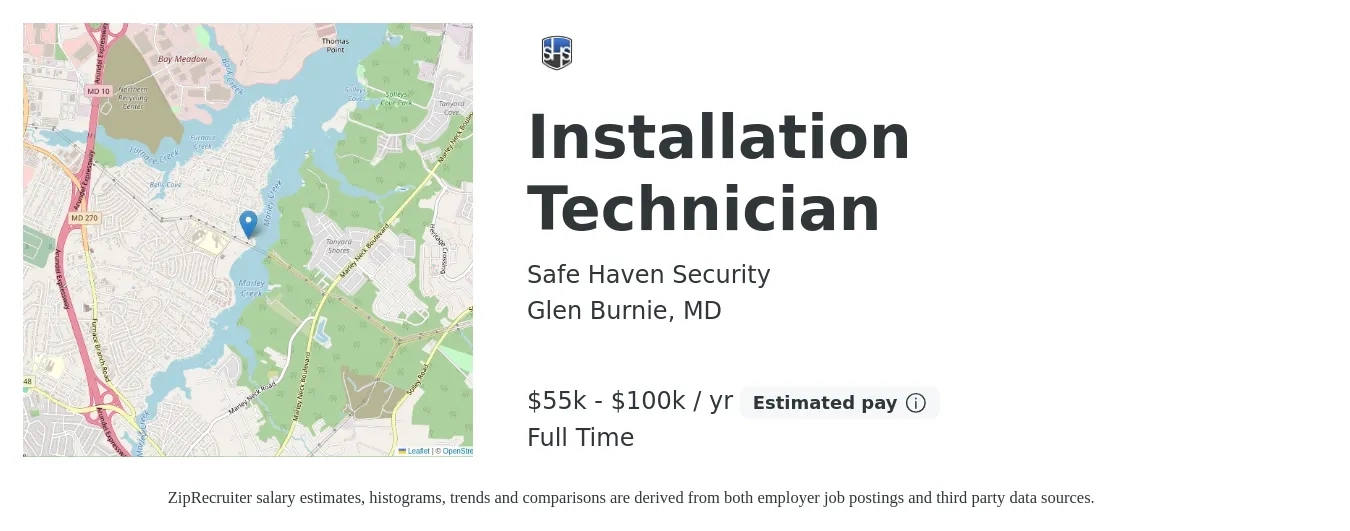 Safe Haven Security job posting for a Installation Technician in Glen Burnie, MD with a salary of $55,000 to $100,000 Yearly with a map of Glen Burnie location.