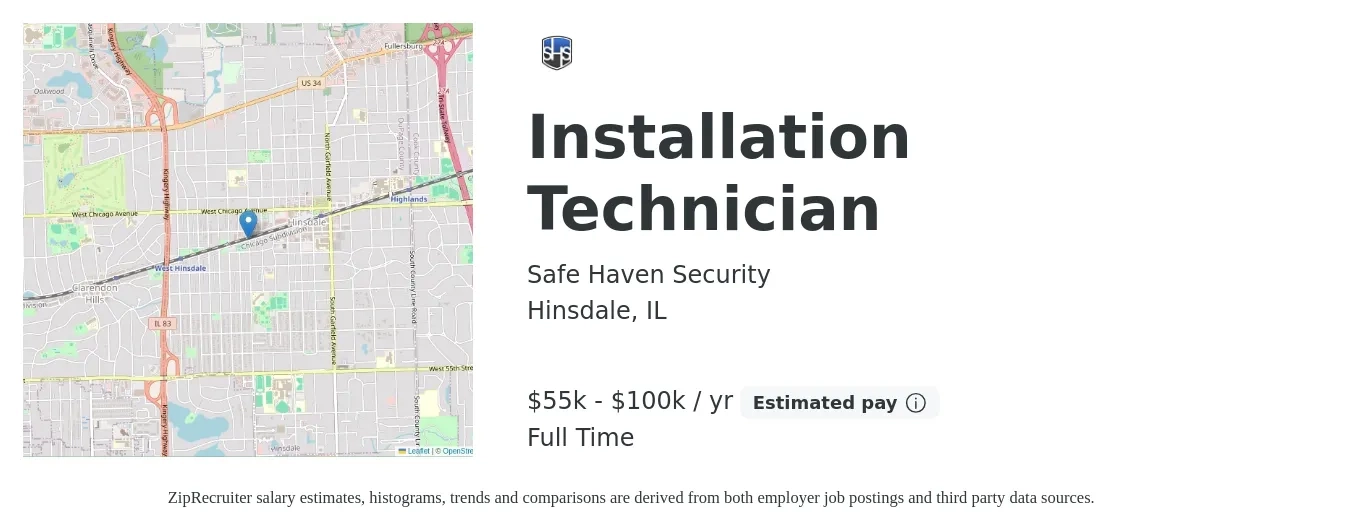 Safe Haven Security job posting for a Installation Technician in Hinsdale, IL with a salary of $55,000 to $100,000 Yearly with a map of Hinsdale location.