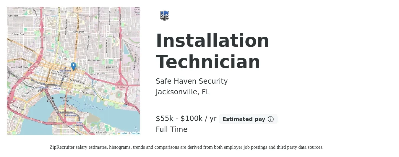 Safe Haven Security job posting for a Installation Technician in Jacksonville, FL with a salary of $55,000 to $100,000 Yearly with a map of Jacksonville location.