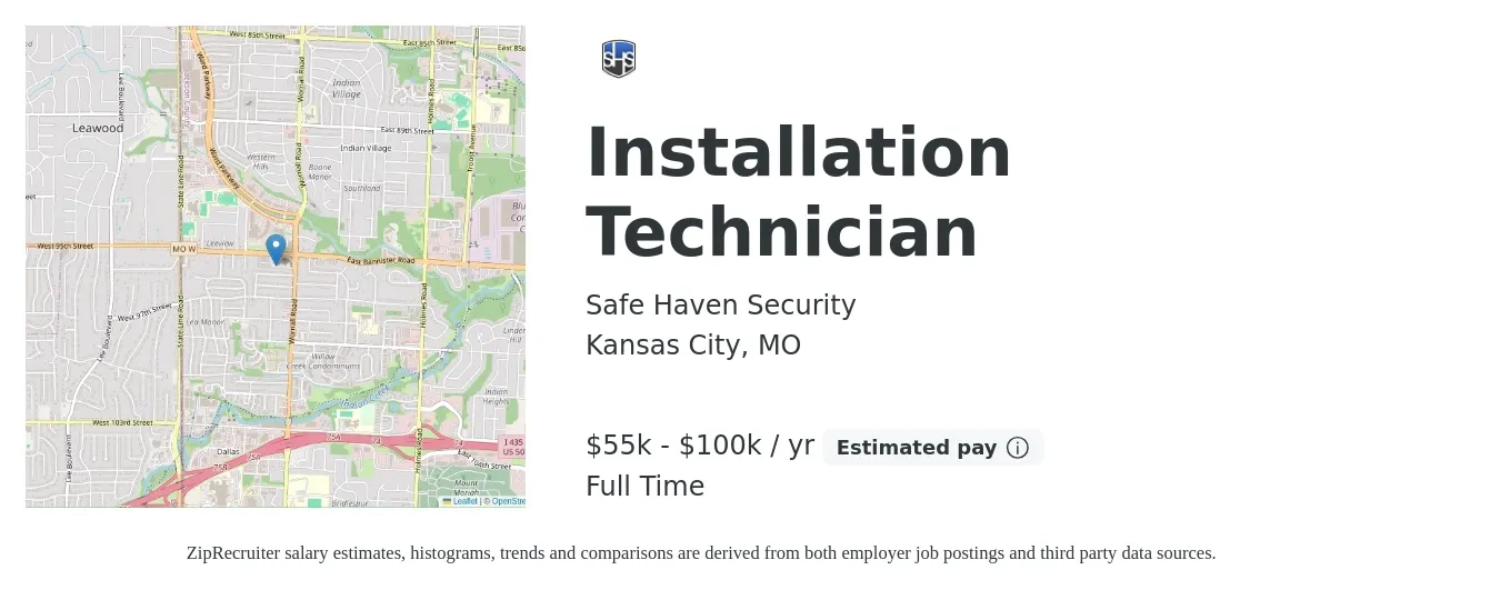 Safe Haven Security job posting for a Installation Technician in Kansas City, MO with a salary of $55,000 to $100,000 Yearly with a map of Kansas City location.