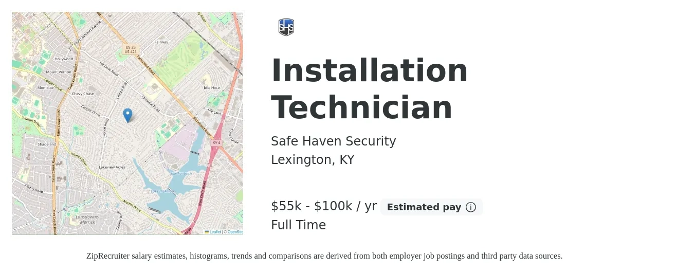 Safe Haven Security job posting for a Installation Technician in Lexington, KY with a salary of $55,000 to $100,000 Yearly with a map of Lexington location.
