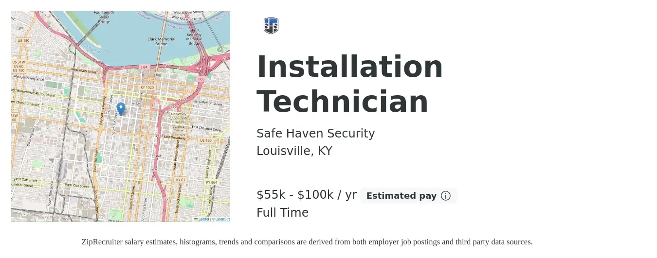 Safe Haven Security job posting for a Installation Technician in Louisville, KY with a salary of $55,000 to $100,000 Yearly with a map of Louisville location.