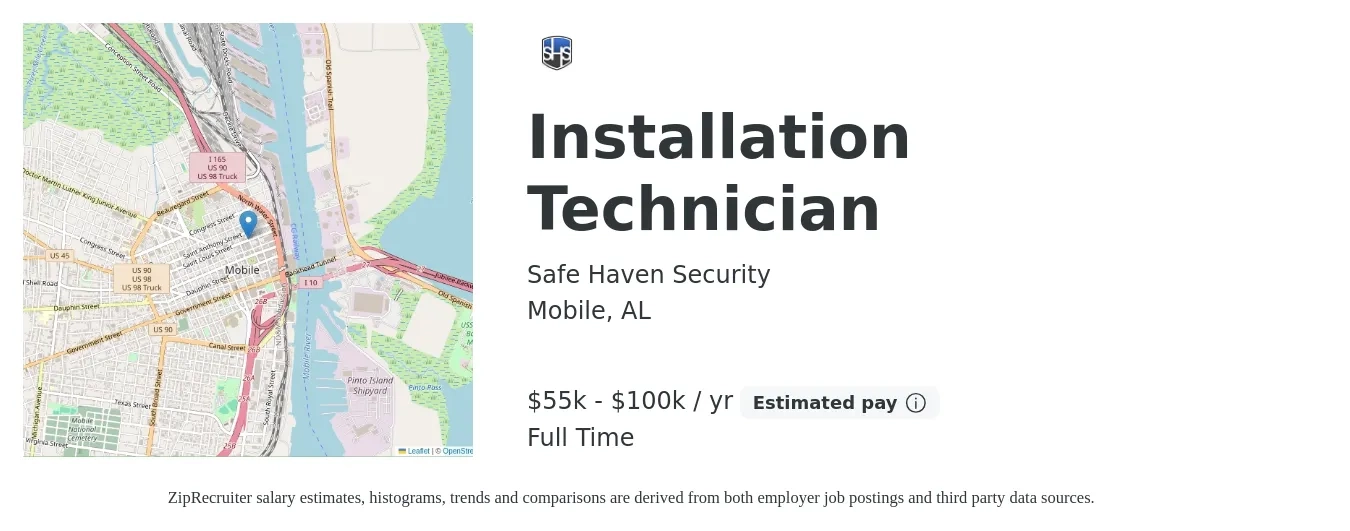 Safe Haven Security job posting for a Installation Technician in Mobile, AL with a salary of $55,000 to $100,000 Yearly with a map of Mobile location.