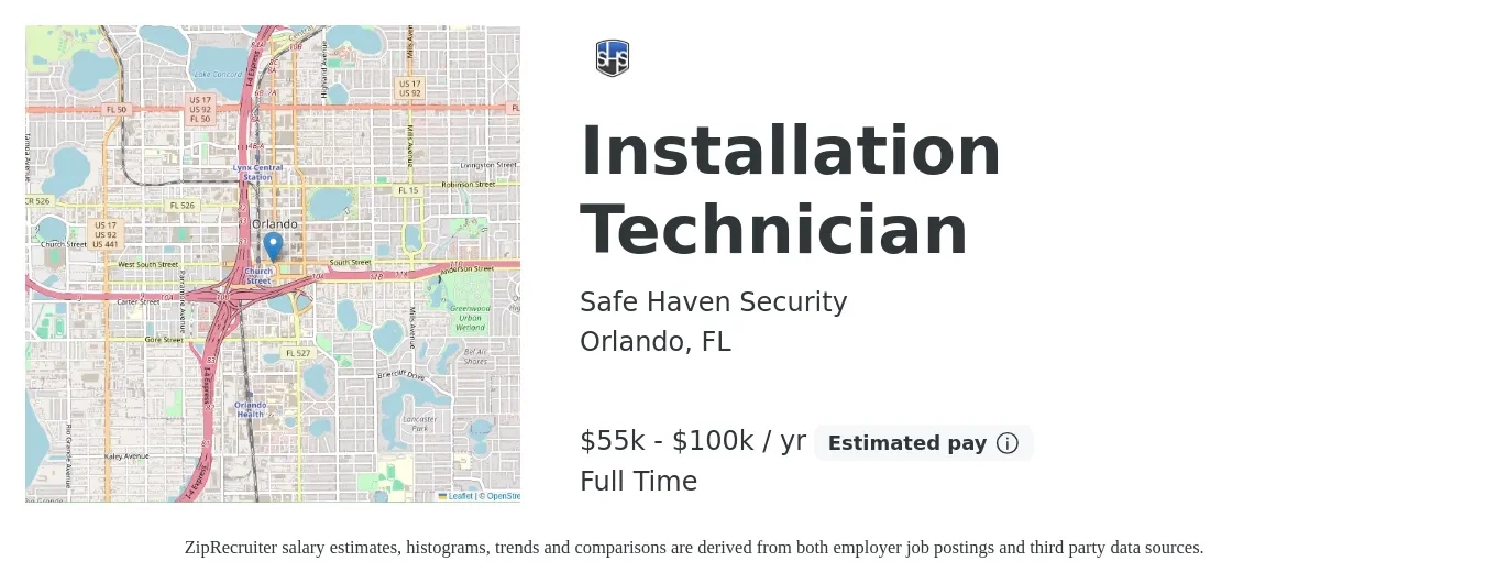 Safe Haven Security job posting for a Installation Technician in Orlando, FL with a salary of $55,000 to $100,000 Yearly with a map of Orlando location.