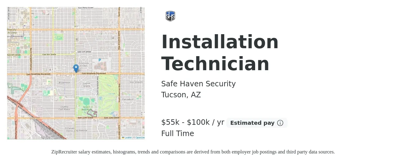 Safe Haven Security Services, LLC job posting for a Installation Technician in Tucson, AZ with a salary of $55,000 to $100,000 Yearly with a map of Tucson location.