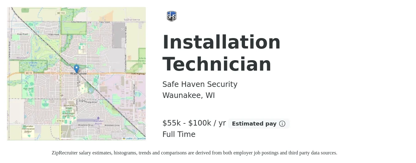 Safe Haven Security job posting for a Installation Technician in Waunakee, WI with a salary of $55,000 to $100,000 Yearly with a map of Waunakee location.