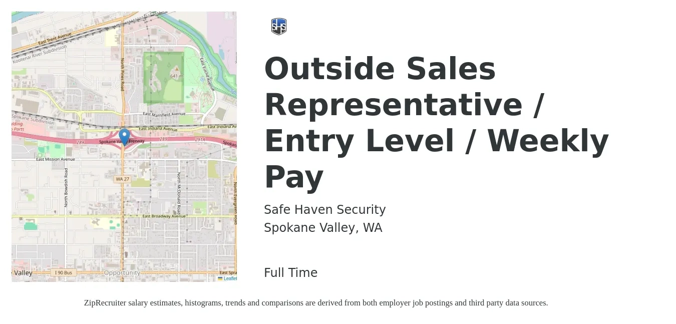 Safe Haven Security job posting for a Outside Sales Representative / Entry Level / Weekly Pay in Spokane Valley, WA with a salary of $2,000 Monthly with a map of Spokane Valley location.
