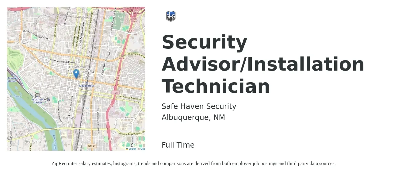 Safe Haven Security job posting for a Security Advisor/Installation Technician in Albuquerque, NM with a salary of $55,000 to $100,000 Yearly with a map of Albuquerque location.