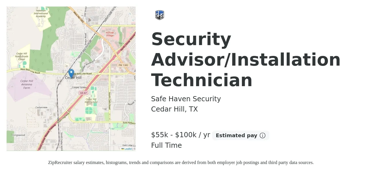 Safe Haven Security job posting for a Security Advisor/Installation Technician in Cedar Hill, TX with a salary of $55,000 to $100,000 Yearly with a map of Cedar Hill location.