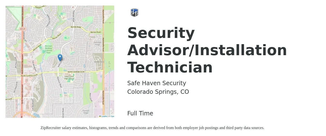 Safe Haven Security job posting for a Security Advisor/Installation Technician in Colorado Springs, CO with a salary of $55,000 to $100,000 Yearly with a map of Colorado Springs location.