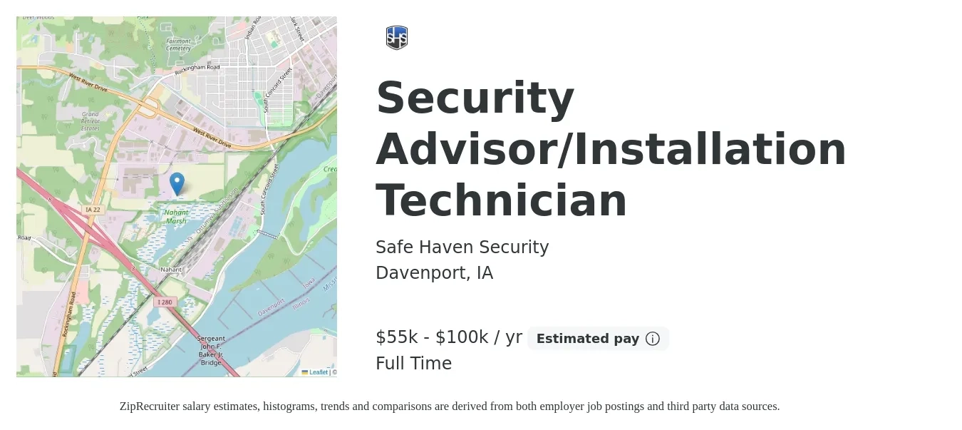 Safe Haven Security job posting for a Security Advisor/Installation Technician in Davenport, IA with a salary of $55,000 to $100,000 Yearly with a map of Davenport location.