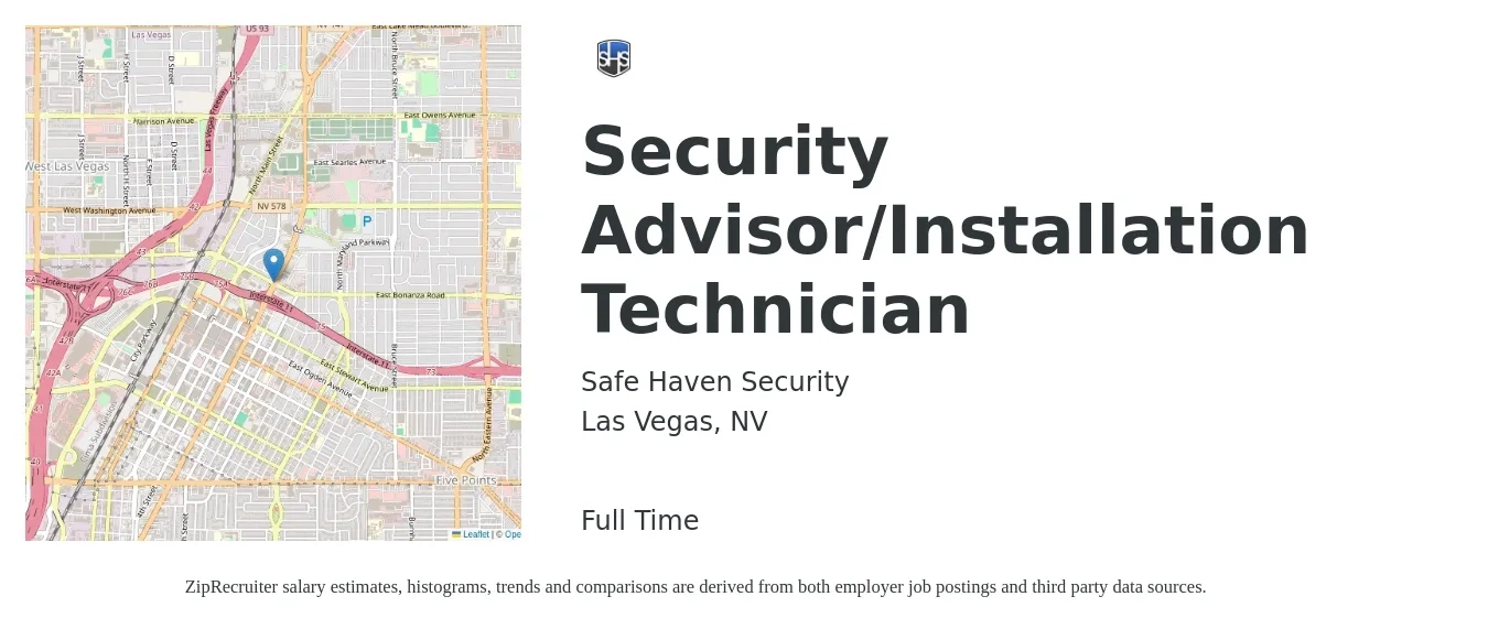 Safe Haven Security job posting for a Security Advisor/Installation Technician in Las Vegas, NV with a salary of $55,000 to $100,000 Yearly with a map of Las Vegas location.