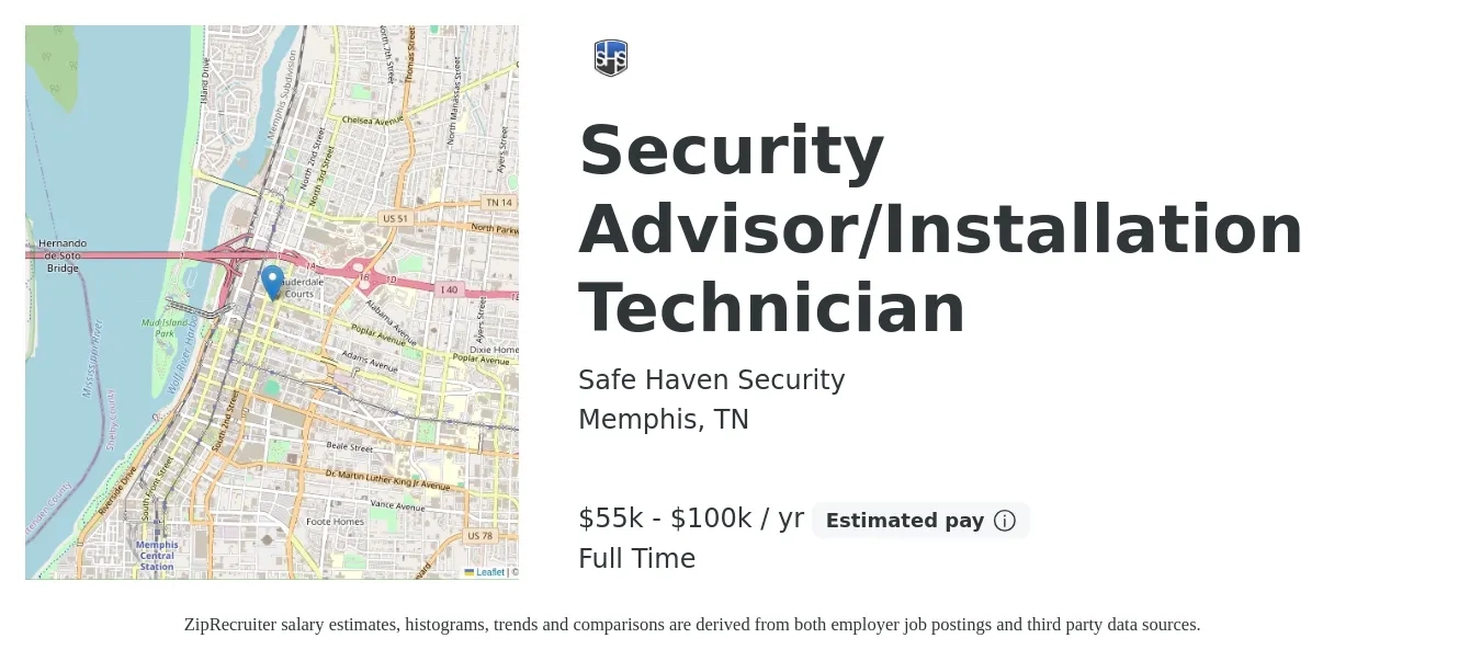 Safe Haven Security job posting for a Security Advisor/Installation Technician in Memphis, TN with a salary of $55,000 to $100,000 Yearly with a map of Memphis location.