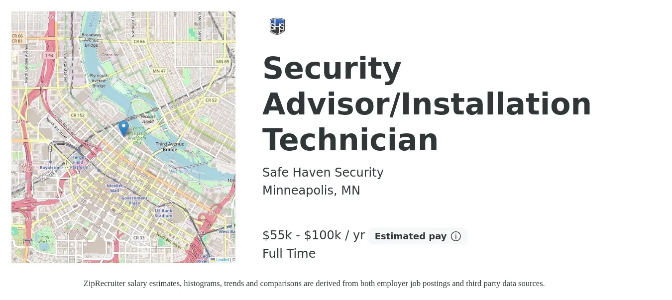 Safe Haven Security job posting for a Security Advisor/Installation Technician in Minneapolis, MN with a salary of $55,000 to $100,000 Yearly with a map of Minneapolis location.