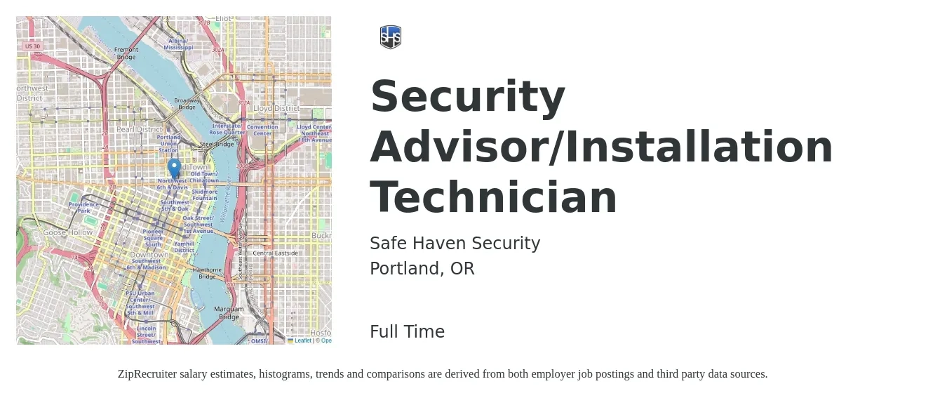 Safe Haven Security job posting for a Security Advisor/Installation Technician in Portland, OR with a salary of $55,000 to $100,000 Yearly with a map of Portland location.