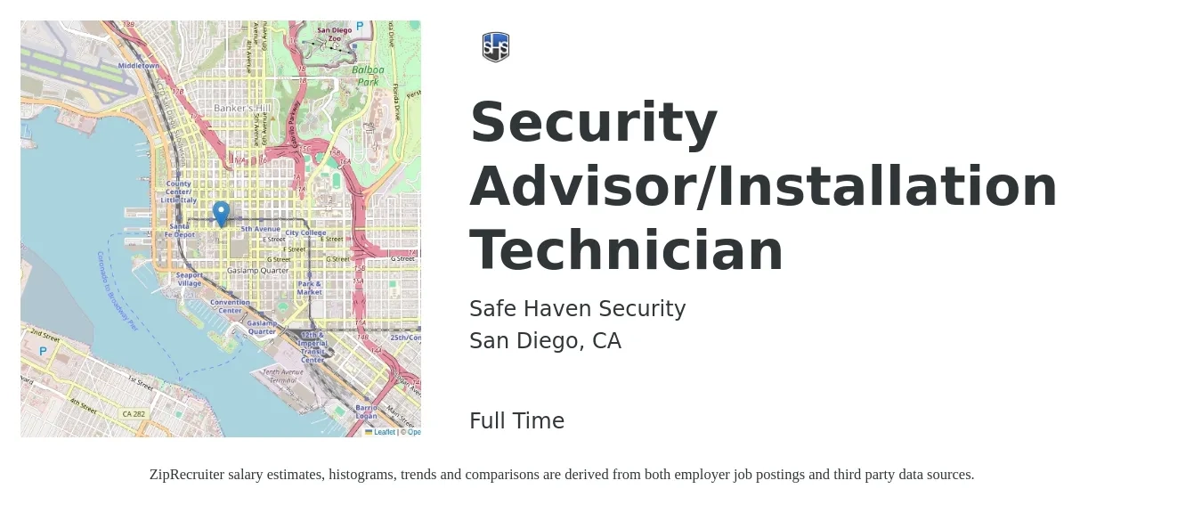 Safe Haven Security job posting for a Security Advisor/Installation Technician in San Diego, CA with a salary of $17 Hourly (plus commission) with a map of San Diego location.