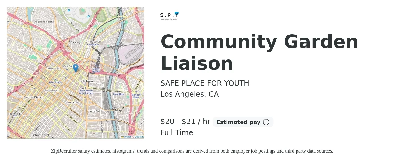 SAFE PLACE FOR YOUTH job posting for a Community Garden Liaison in Los Angeles, CA with a salary of $21 to $22 Hourly with a map of Los Angeles location.